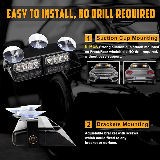 White Amber 2 In 1 LED Emergency Dash Strobe Lights, 16 Flashing Modes 12V Interior Shield Traffic Advisor Safety Hazard Warning Lights with Suction Cups for Vehicles Trucks (Yellow＆White)
