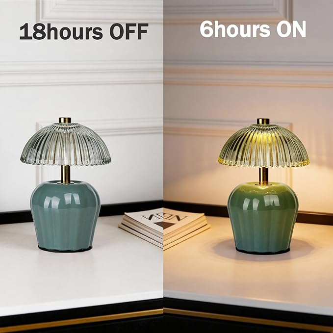 MJ PREMIER Small Cordless Lamp, Battery Operated Lamp with Timer, Mini Crystal Glass Mushroom Lampshade, Cute Small Table Lamps, Decorative Led Light for Bedroom Living Room Shelf (Green)