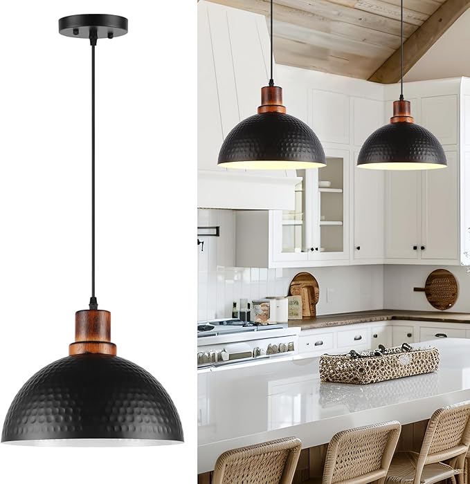 Black Pendant Lights Kitchen Island, 11.8" Hammered Metal Black Dome Pendant Lighting Black and Wood Pendant Light Fixture Hanging Ceiling Light for Dining Living Room Restaurant Sink