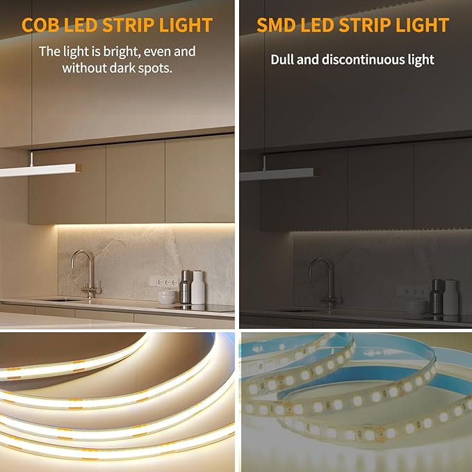 16.4ft COB LED Light Strip 3000K Warm White Dimmable DC 24V Flexible LED Tape Light for Bedroom, with Remote and app Control LED Strip Lights,for DIY Decoration