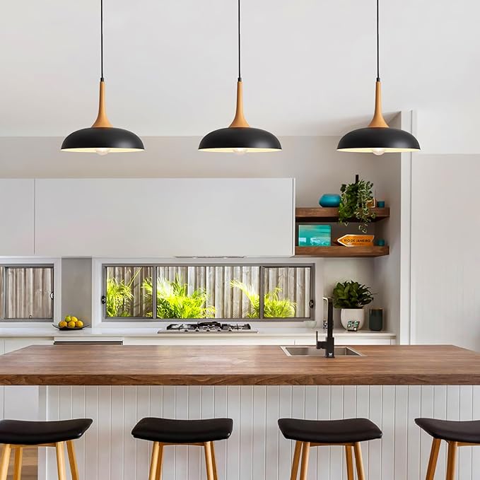 Black Pendant Lights Kitchen Island,Modern Pendant Light Fixtures,Farmhouse Adjustable Hanging Pendant Lighting for Foyer Entryway Hallway Bedroom Dining Room Living Room,Faux-Wood,Small 12.6 inch