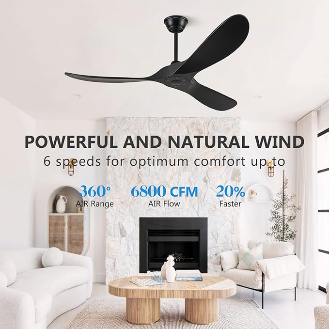 Eliora 52 Inch Ceiling Fan without Lights, Wood Ceiling Fans no Light with Remote Wall Switch and DC Motor, Indoor Outdoor Fan for Patio, Porch, Bedroom Propeller 3 Blades Ceiling Fans Matte Black