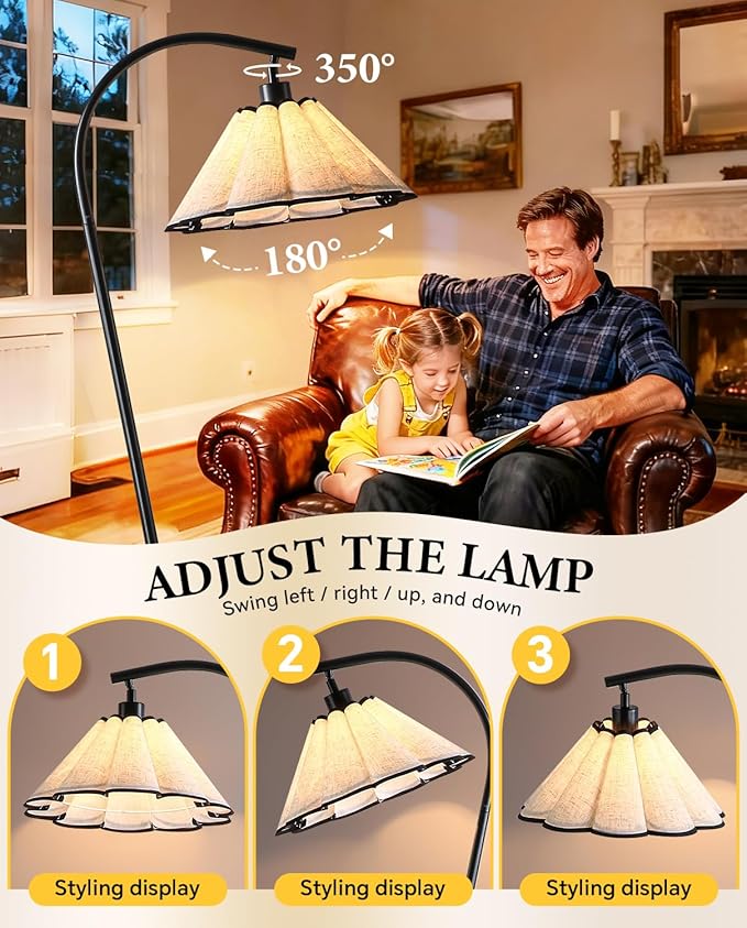 Floor Lamp with Pleated Linen Lampshade, Modern Flower Floor Lamp for Living Room Arc Standing Lamp, Gold Tall Lamp for Bedroom Office Dining Room, Bulb Included (Black + Black, 66.1IN)