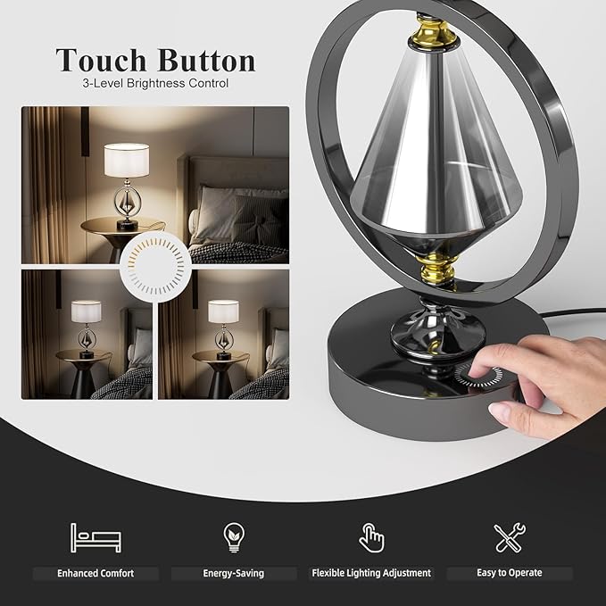 C06-2 20.8” Art Deco Bedside Table Lamp - 3-Way Dimmable Touch Control, USB A+C/AC Outlet, Bulb Included, Ideal for Living Room Nightstand Bedroom