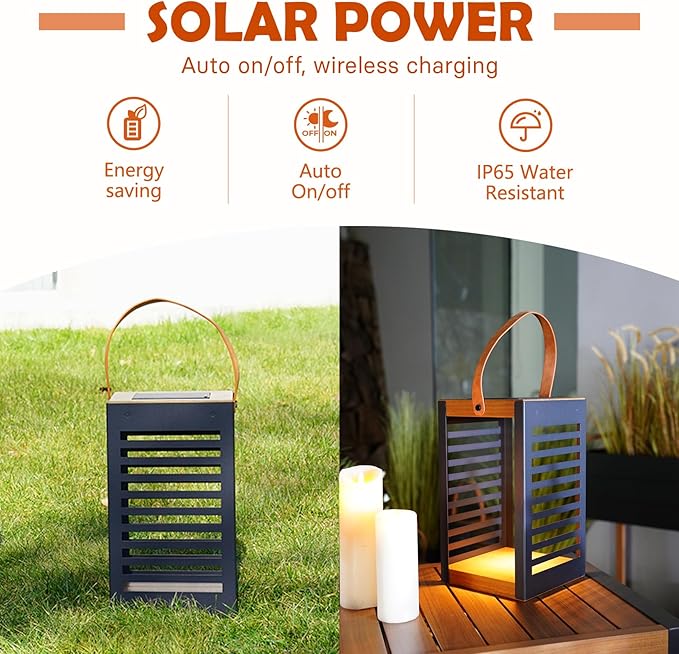 Solar Yard Outdoor Solar Lanterns, Solar Lamp Decorative Outdoor Water-Resistant Steel Table Decor with Handle for Patio, Yard, Porch, Small Black