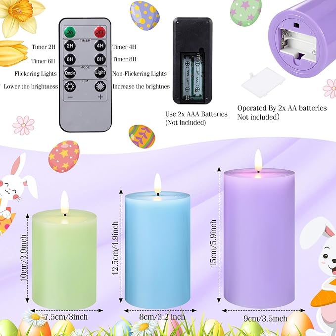 3 Pcs Easter Flameless Candles Battery Operated LED Flickering Pillar Candles with Remote Real Wax Pastel Spring Table Decor for Easter Party Wedding Table Centerpiece Home Decorations