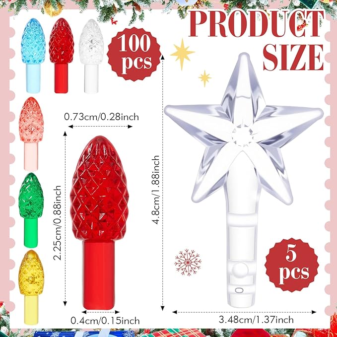 Boao 100 Pieces Ceramic Christmas Tree Bulbs and 5 Stars Replacement Plastic Bulbs for Ceramic Christmas Tree Decorations (4 mm Diameter,Assorted Color)
