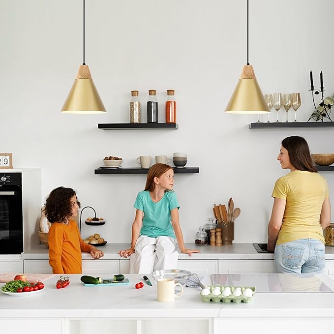 Gold Plug in Pendant Light, 2 Pack 9.4inch Hanging Lights with Plug in Cord 14.7 ft, Hanging Pendant Light, Hanging Lamp Plug in for Bedroom, Kitchen