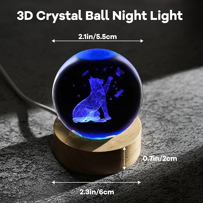 3D Cat Crystal Ball Night Light 2.4in Table Lamp Decor with 16 Colors Change Remote Control and Wooden Base Gifts for Cat Lovers Women Girl Friends Birthday Christmas