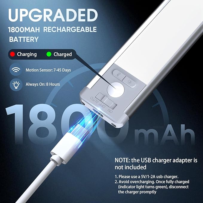 10inch Under Cabinet Lighting with 3 Color Temps, 2 Pack Rechargeable Motion Sensor Light Indoor, 5 Levels Dimmable Magnetic Closet Lights, Wireless Under Counter Lights for Kitchen, Stairs