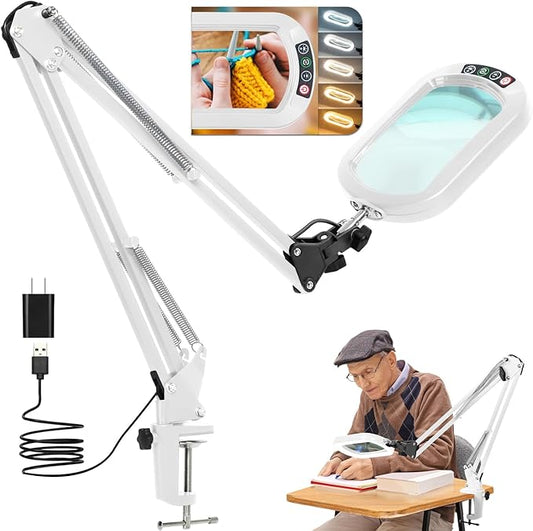 10X Large Magnifying Glass with Light and Clamp, Real Glass, 5 Color Modes, Stepless Dimmable, Lighted Magnifier with Stand Hands Free, LED Swing Arm Desk Lamp for Close Work, Craft, Reading - White