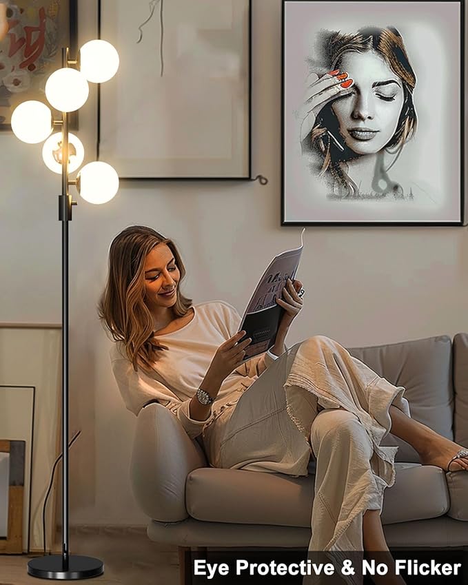 Lightdot 5-Globe Dimmable Globe Floor Lamp Black Standing Lamps with 5Pcs 3000K Bulbs Included Brightness Adjustable Retro Mid Century Modern Floor Lamp for Living Room/Sofa Beside/Corner Decor