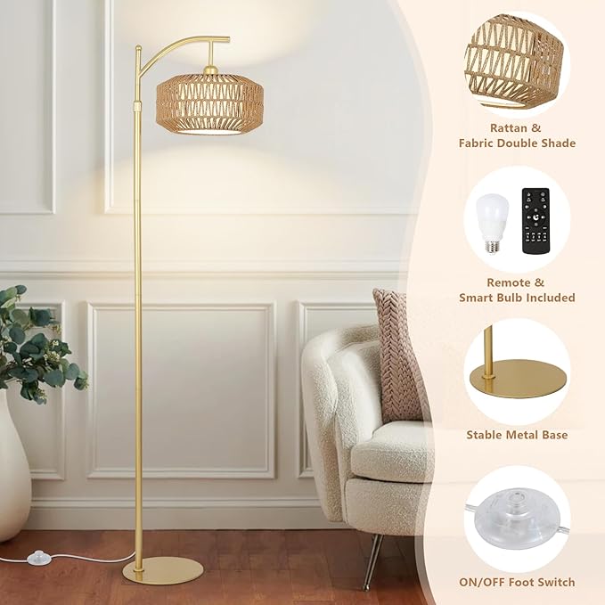 Arc Gold Floor Lamp with Remote and LED Bulb, Dimmable Floor Lamps for Living Room with Rattan and Fabric Shades, Boho Tall Lamp with 3 Color Temperatures, Corner Standing Lamps for Bedroom