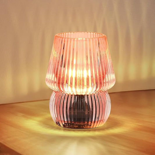 Small Battery Operated Lamp with Timer, Tiny Cordless Glass Table Lamp for Home Decor, Kitchen, Bathroom, Birthday Gift for Women, Mushroom, Pink