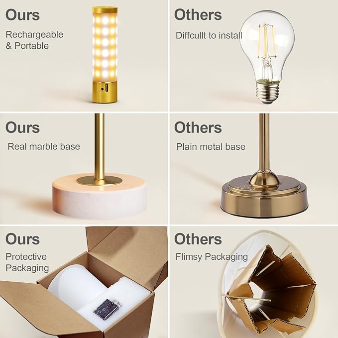 17.5" Cordless LED Table Lamp – Rechargeable & Dimmable with Detachable Magnetic Bulb, Marble Base, Brass Finish, – Affordable Luxury Accent Light for Bedroom, Bar, Restaurant, Urban Decor
