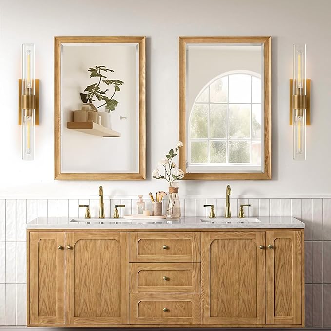 YUYI Wall Sconce, 22.8'' Brass Sconce Wall Lighting, Gold Bathroom Wall Light Fixture with Clear Glass Shade, Indoor Wall Sconce for Bathroom Vanity, Living Room, Bedroom, Hallway, Fireplace