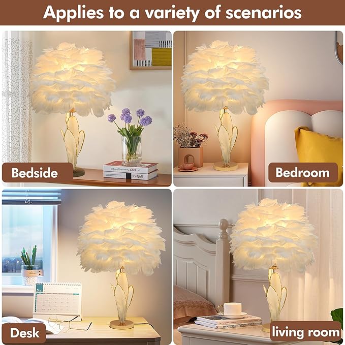 Chic White Feather Lamp Creative Furry Table Lamp Modern Feather Desk Lights Romantic Princess Bedside Nightstand Light for Teen Girls Bedroom Decoration Living Room Wedding Kids Room