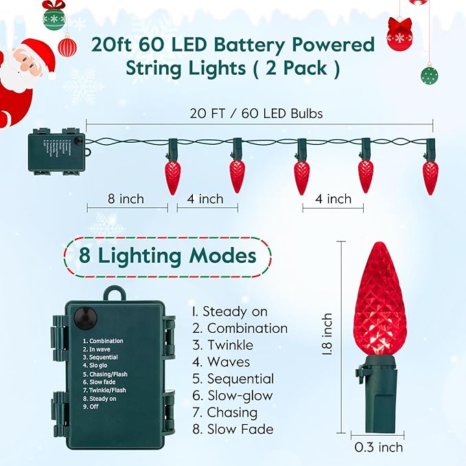 C6 LED Christmas String Lights, 2PC 60 LED 20FT Battery Operated Strawberry Lights, Waterproof 8 Lighting Modes Fairy Lights for Indoor Outdoor Patio Garden Party X-mas Decoration (Red)