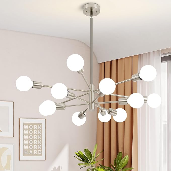 Sputnik Chandelier Modern Brushed Nickel Chandeliers 12-Light Mid Century Ceiling Lighting Fixture for Living Room, Kitchen, Bedroom, Dining Room, and Farmhouse