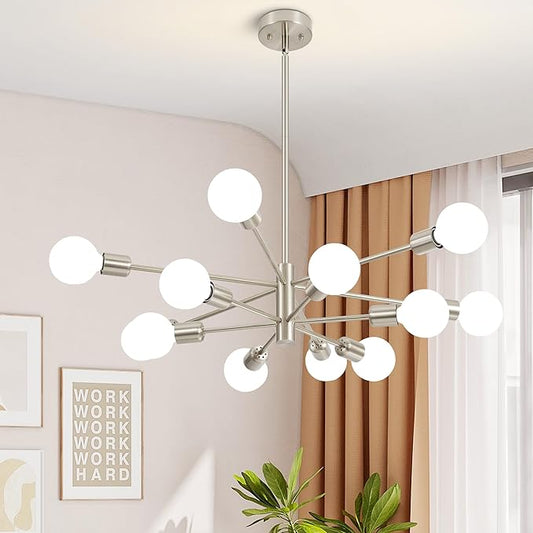 Sputnik Chandelier Modern Brushed Nickel Chandeliers 12-Light Mid Century Ceiling Lighting Fixture for Living Room, Kitchen, Bedroom, Dining Room, and Farmhouse