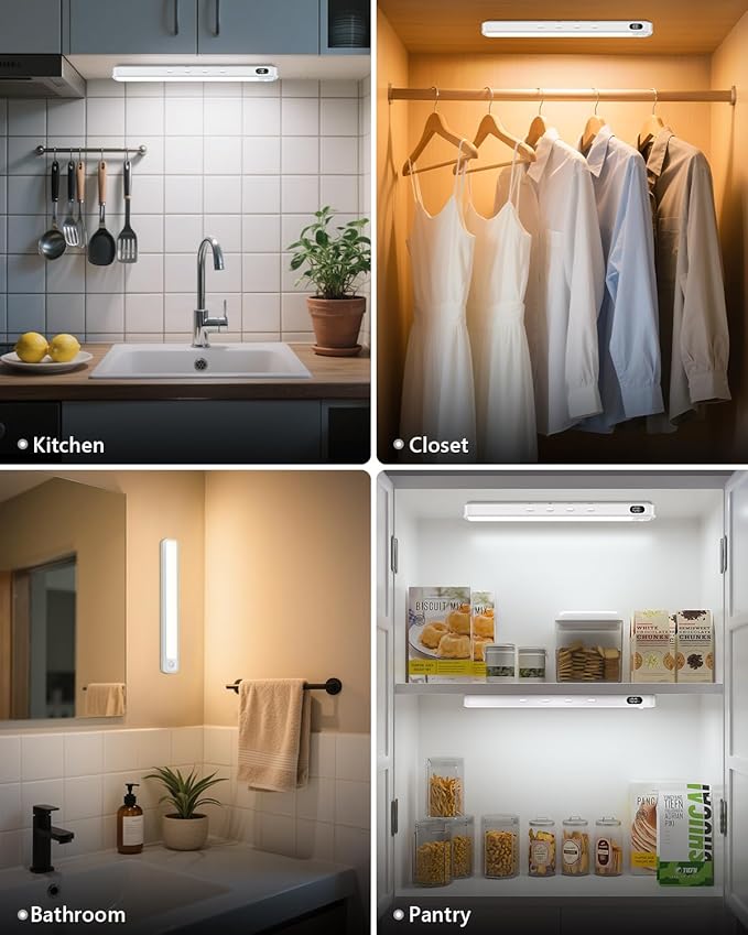 WILLED Under Cabinet & Closet Lights, Motion Sensor, Rechargeable, Magnetic, 3 Color Temps, Dimmable LED Light Bar for Indoor Kitchen Counter (4 Pack, White)