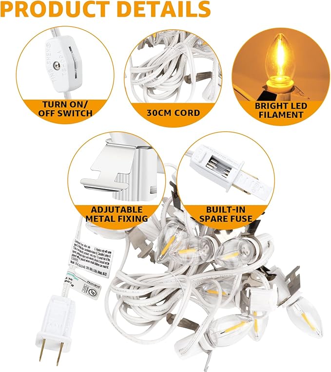 Christmas Village Lights with 5 Led Light Bulb,C7 Cord Clip Lights for Christmas Village Cottages,Pumpkins,Outdoor Atmosphere Decoration.for Blow molds