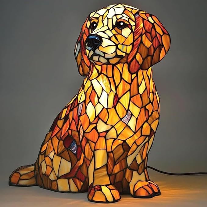 Rainbow Puppy Lamp Stained Glass Dog Night Light 3D Retro Stained Resin Rainbow Pup Lights Charge Powered Table Lamp Puppy Glow Lamps for Home Bedroom Desk (C)