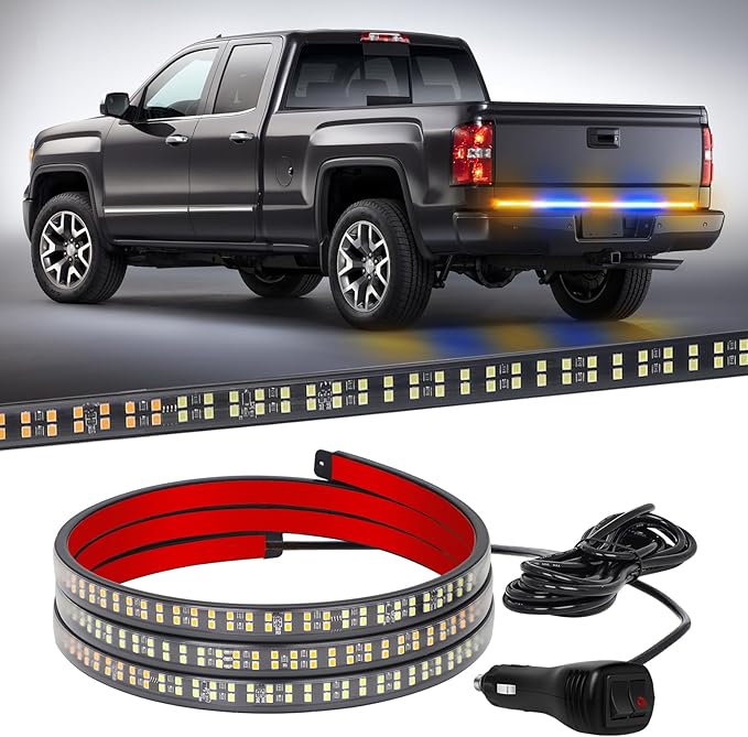 XRIDONSEN 60 inch Amber Blue Truck Tailgate Strobe Lights Strip 360 LED Tail Light Bar Flashing Warning Hazard Safety Rear Emergency Lights for Tow Plow Trucks Construction Vehicles Pickup Trailer