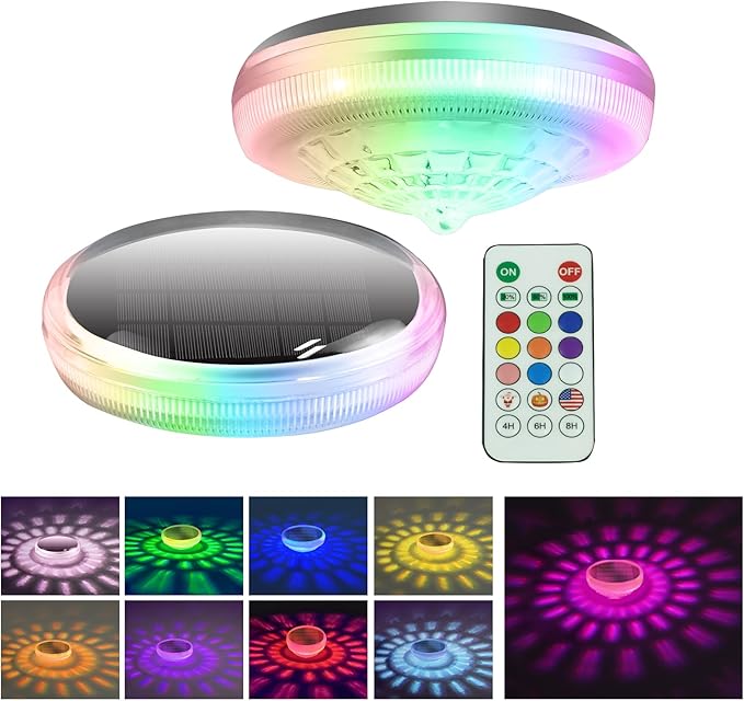 Solar Floating Pool Lights, 9 Fixed Colors ＆ 3 Dynamic RGB Color Changing, IP68 Waterproof LED Solar Pool Lights with Remote Control for Pool Fountain Garden Ponds Decor (2 Pack)