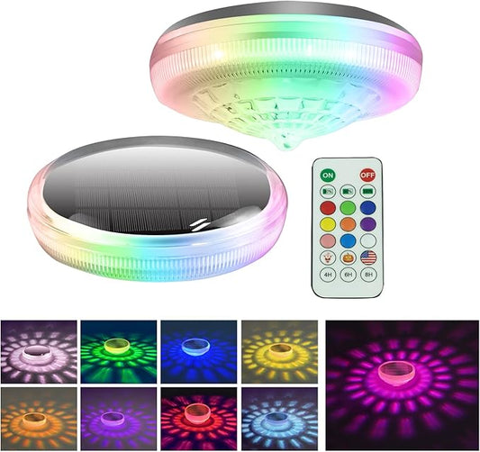 Solar Floating Pool Lights, 9 Fixed Colors ＆ 3 Dynamic RGB Color Changing, IP68 Waterproof LED Solar Pool Lights with Remote Control for Pool Fountain Garden Ponds Decor (2 Pack)