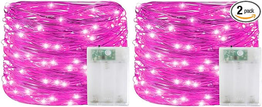 YAOZHOU Valentines Day Decorations Pink Fairy String Lights, Battery Operated with Timer, 2 Pack Total 33FT 100 Led Mini Battery Powered, Mason Jar Waterproof Firefly Christmas Lights DIY Party