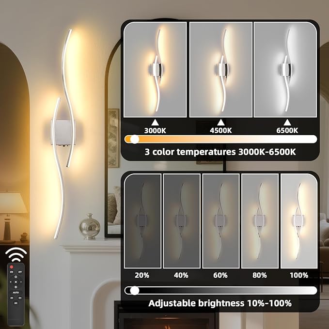 Battery Powered Wall Sconces Set of 2, Chrome 39" LED Dimmable Wall Sconce with Remote Control/Timer/Memory, USB Rechargeable Wall Lights for Living Room, Bedroom, Hallway Wireless scones Lighting