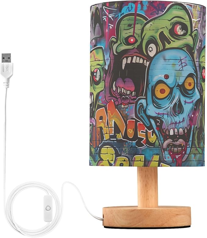 Graffiti Art Zombie Green Scary Walking Dead Bedside Table Lamps with USB Port for Bedroom Lamp Accent Table Lamp Small Nightstand Lamp Sturdy Linen Shade Wood Decorative Lamps for Home|Kids|Holiday