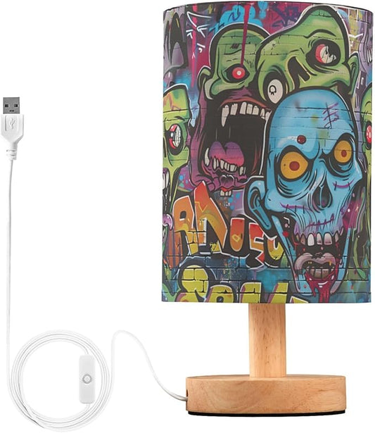 Graffiti Art Zombie Green Scary Walking Dead Bedside Table Lamps with USB Port for Bedroom Lamp Accent Table Lamp Small Nightstand Lamp Sturdy Linen Shade Wood Decorative Lamps for Home|Kids|Holiday