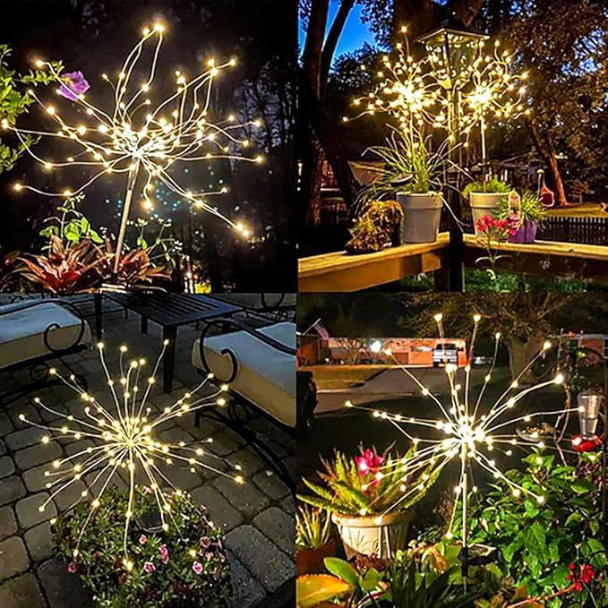 yowin Solar Fireworks Lights for Outside 2 Pack 120 LEDs Solar Garden Decor, 8 Modes Sparkler Light Outdoor Waterproof Starlit Starburst Lights for Yard Flower Bed Lawn Path Decorations - Warm White