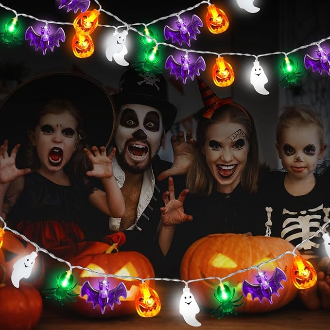 Halloween Lights Decor, 20FT 40 LED 3D Pumpkin Bat Ghost Spider Battery Operated String Lights, Waterproof Twinkle Light for Home Room Door Window Porch Indoor Outdoor Halloween Party Decorations