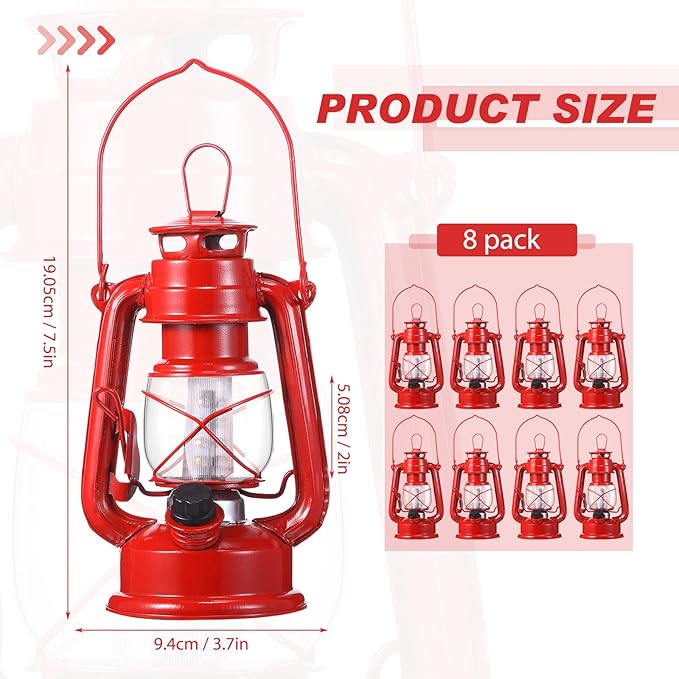 Hortsun 8 Pcs 8 Inch Vintage LED Hurricane Lantern Metal Red Outdoor Battery Operated Hanging Lantern with Warm LEDs and Dimmer Switch for Halloween Christmas Indoor Rustic Farmhouse Camping Decor