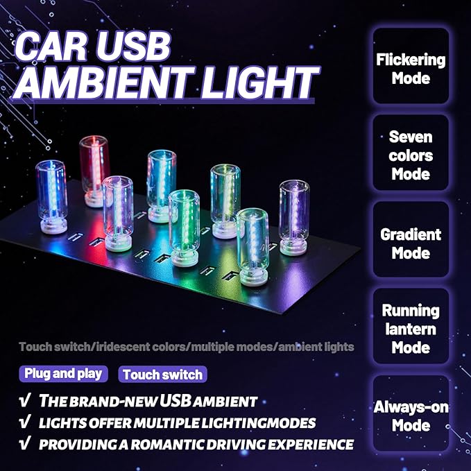 New Car USB Lights, 13 in 1 Touch Adjustment USB LED Car Lights, Mini Glass Bottle LED Bulb Night Lights, Switch Memory Retention, 13 Modes & 7 Colors for Vehicle Bedroom Camping Holiday (3Pcs)