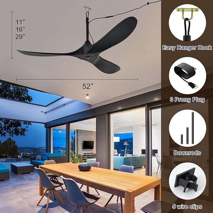 52 inch Outdoor Ceiling Fan no Light Waterproof - Plug in Hanging Hook for Patio, Porch, Gazebo - Wet Rated Weatherproof Exterior Black 3 Blades Ceiling Fan with Remote