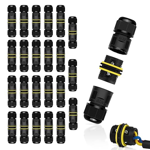 NineLeaf 24 Pack Waterproof Electrical Cable Connector, 3-Pin M20 Screw Type Wire Connectors Ø5-12mm, IP68 Waterproof Junction for Outdoor Garden Lights, Landscape, Underground Wiring