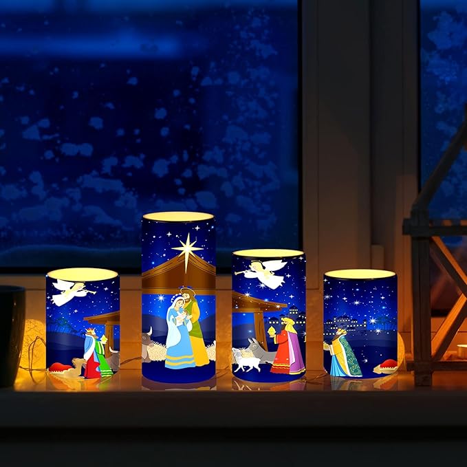 Tiamon Christmas Nativity Scene Candles LED Religious Theme Flameless Candles Battery Operated LED Warm Light Flickering Pillar for Xmas Holiday Table Decorations(Vivid)