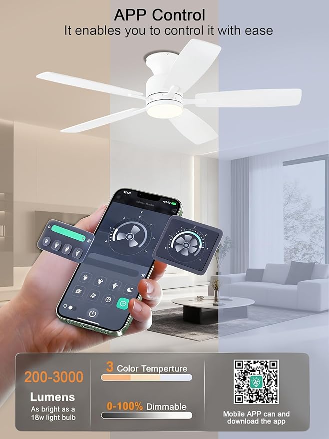 KNUN 52 Inch Ceiling Fans with Lights,Flush Mount Ceiling Fan with Remote/APP Control, 3CCT Dimmable, Double-Sided Blades, Reversible Motor, Low Profile Ceiling Fans for Living Room,Bedroom(White)