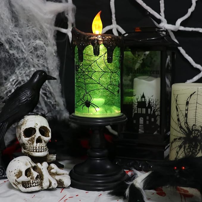 DRomance Halloween Flameless Candle Snow Globe Battery Operated with 6 Hour Timer, Green Light Spider Decal Water Tornado Lamp LED Candlestick Halloween Season Decor Gift 4 x 10 Inches