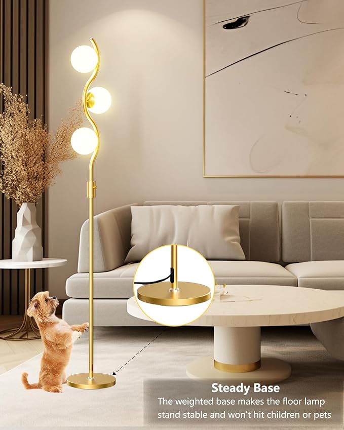 Lightdot 60IN Gold Floor Lamp Stepless Dimmable Globe Floor Lamps with 3Pcs 3000K G9 Bulbs Eye-Friendly Mid Century Standing Lamps with Stable Base for Living Room/Bedroom/Sofa Beside/Corner Decor