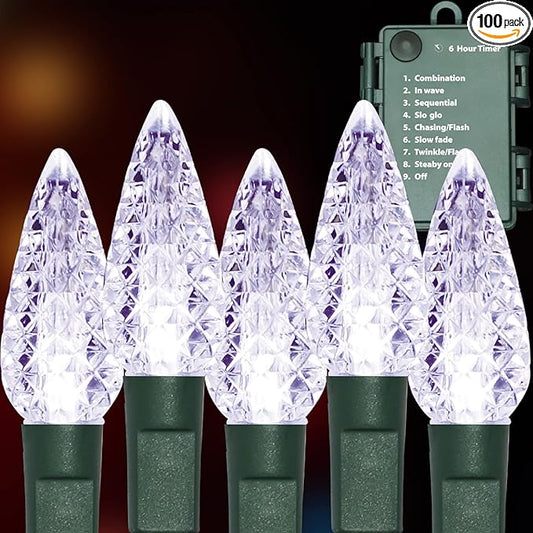 100LED C6 Lights,Green Wire,Waterproof Battery Case,Multi Functions,Timer,Cool White（2 Sets - Each 50 Count LED）
