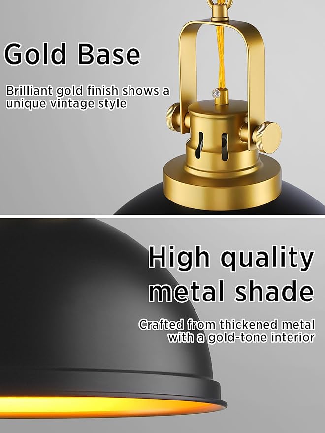 Farmhouse Black and Gold Pendant Lights Kitchen Island, Matte Black Dome Pendant Lighting Gold Vintage Metal Hanging Ceiling Light Fixture for Living Dining Room Restaurant Entrance Sink