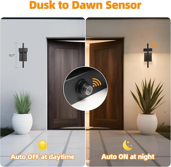 tewei LED Outdoor Wall Sconce Dusk to Dawn Outdoor Lighting, Modern Exterior Lighting Fixtures, Black LED Front Porch Lights Outside Wall Mount Lights for House, Hallway, Warm White 3000K, 2 Pack