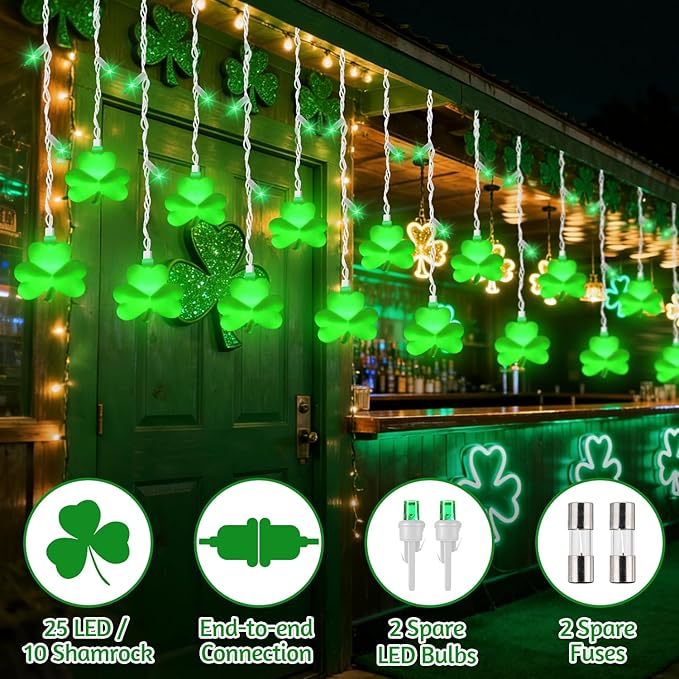 25 LED Green Shamrock Icicle Lights, 6.75FT St. Patricks Day Lights Curtain String Lights with 10 Shamrock & 25 LED Light for Lucky Clover St Patrick's Decorations Indoor Home Window Proch Party Decor