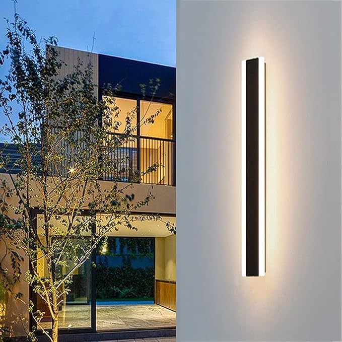 Outdoor Long Strip Modern LED Wall Lighting Fixture Lamps, Elegant Frosted White Acrylic, Black Aluminum Body IP65 Waterproof Anti Rust (Dimmable, 32inch)