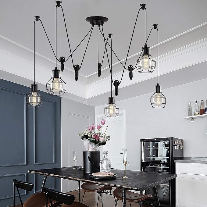 Industrial Pendant Lighting 5 Heads, Adjustable DIY Vintage Style Spider Semi Flush Mount Ceiling Light,Edison Rustic Chandelier,Hanging Lamp Fixture for Dining Room,Kitchen Bedroom,farmhouse